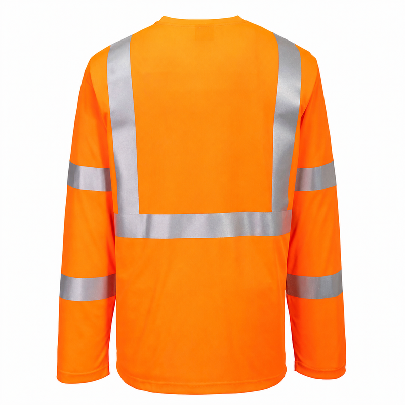 Back view of orange pocketless ANSI Class 3 long-sleeve safety shirt