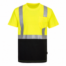 Front view of yellow and black ANSI Class 2 short-sleeve safety T-shirt with reflective tape