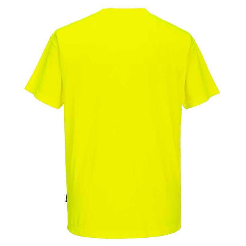 Back view of yellow Non-ANSI short-sleeve safety T-shirt with chest pocket