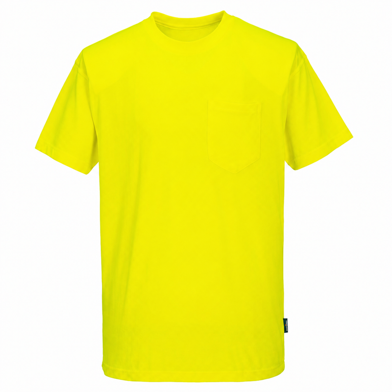 Front view of yellow Non-ANSI short-sleeve safety T-shirt with chest pocket