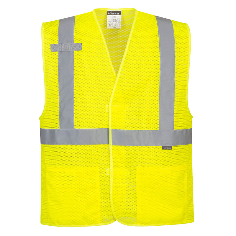Front view hi-vis yellow mesh safety vest with band and brace reflective stripes, ANSI Class 2