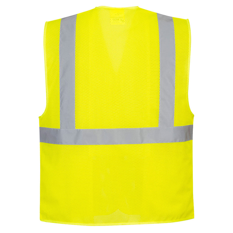 Back view hi-vis yellow mesh safety vest with reflective band and brace pattern