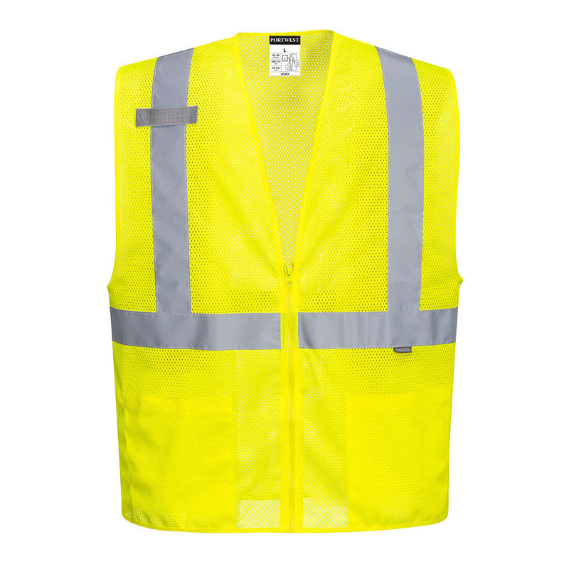 Front view of custom yellow high-visibility mesh safety vest with reflective stripes and zipper
