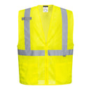 Front view of custom yellow high-visibility mesh safety vest with reflective stripes and zipper