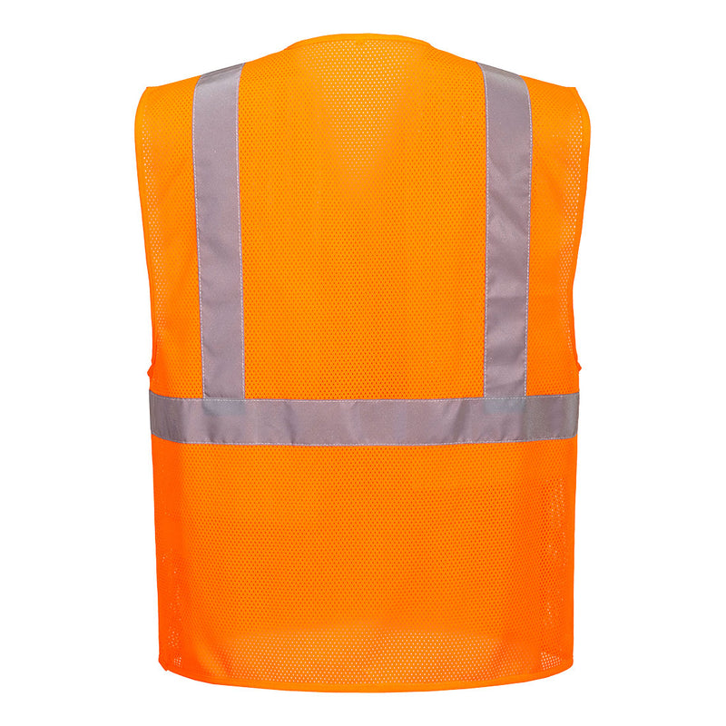 Back view of orange ANSI Class 2 mesh safety vest with reflective tape