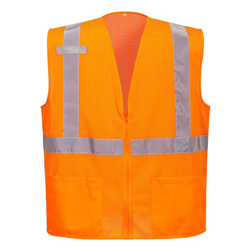 Front view of orange ANSI Class 2 mesh safety vest with pockets