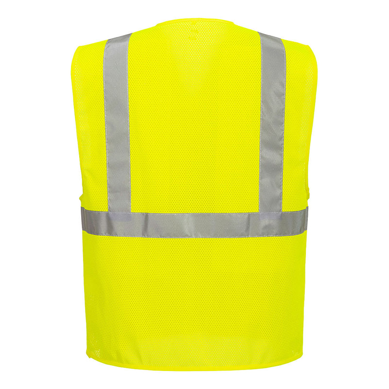 Back view of yellow ANSI Class 2 mesh safety vest with reflective tape