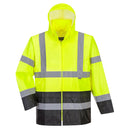 Front view hi-vis yellow rain jacket with reflective stripes, waterproof, Class 3 compliant