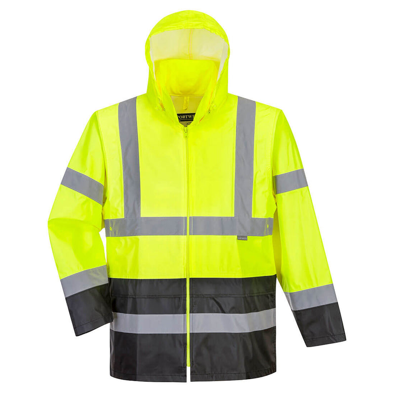Front view hi-vis yellow rain jacket with reflective stripes, waterproof, Class 3 compliant