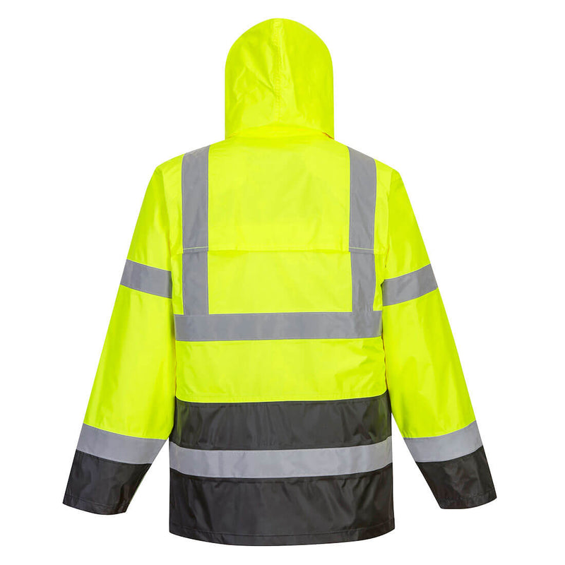 Back view hi-vis yellow ANSI Class 3 rain jacket with reflective bio-motion tape