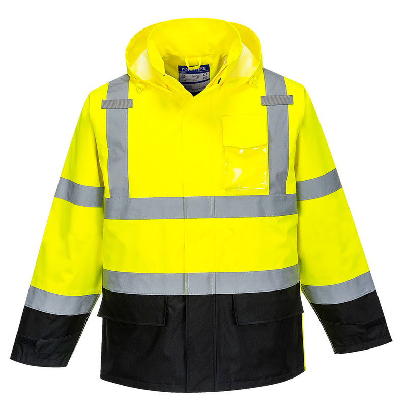Front view hi-vis yellow rain traffic jacket with reflective stripes, waterproof Class 3 design, multiple pockets