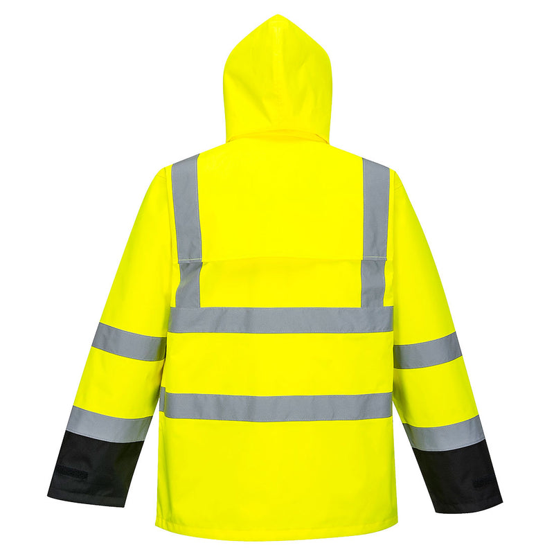 Back view hi-vis yellow Class 3 contrast rain jacket with reflective tape and pack-away hood