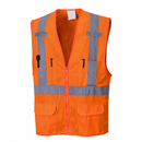 Front view of orange ANSI Class 2 X-back mesh executive safety vest with reflective tape and six pockets