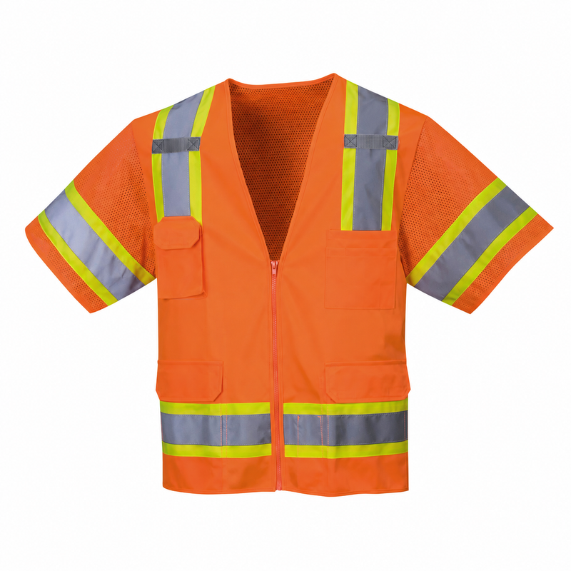 Back view of custom orange short-sleeve ANSI Class 3 executive safety vest