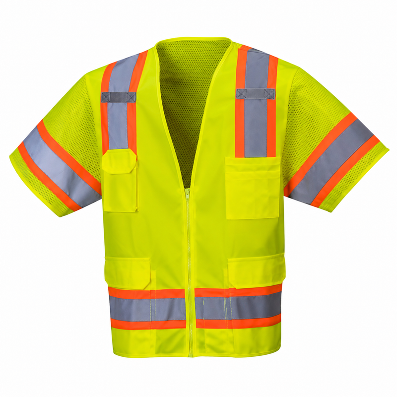 Front view of custom yellow short-sleeve ANSI Class 3 executive safety vest