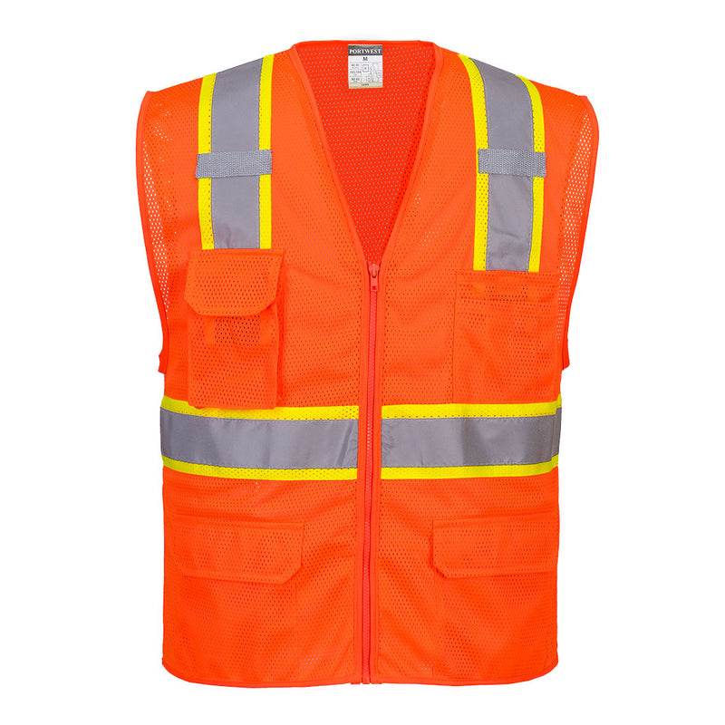Front view of custom orange mesh executive safety vest with reflective tape