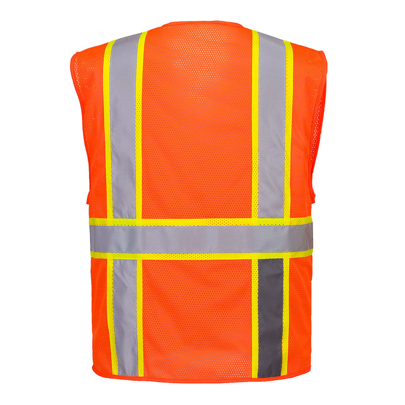 Back view of orange mesh executive safety vest with reflective tape