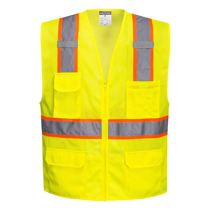 Front view of custom yellow mesh executive safety vest with reflective tape