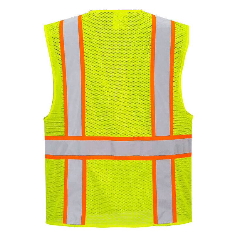 Back view of yellow mesh executive safety vest with reflective tape