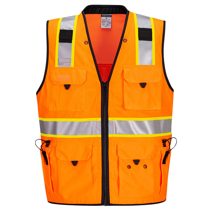 Front view of custom orange and black Expert Pro surveyor safety vest