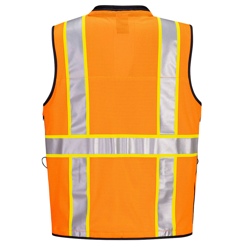 Back view of orange and black Expert Pro surveyor safety vest