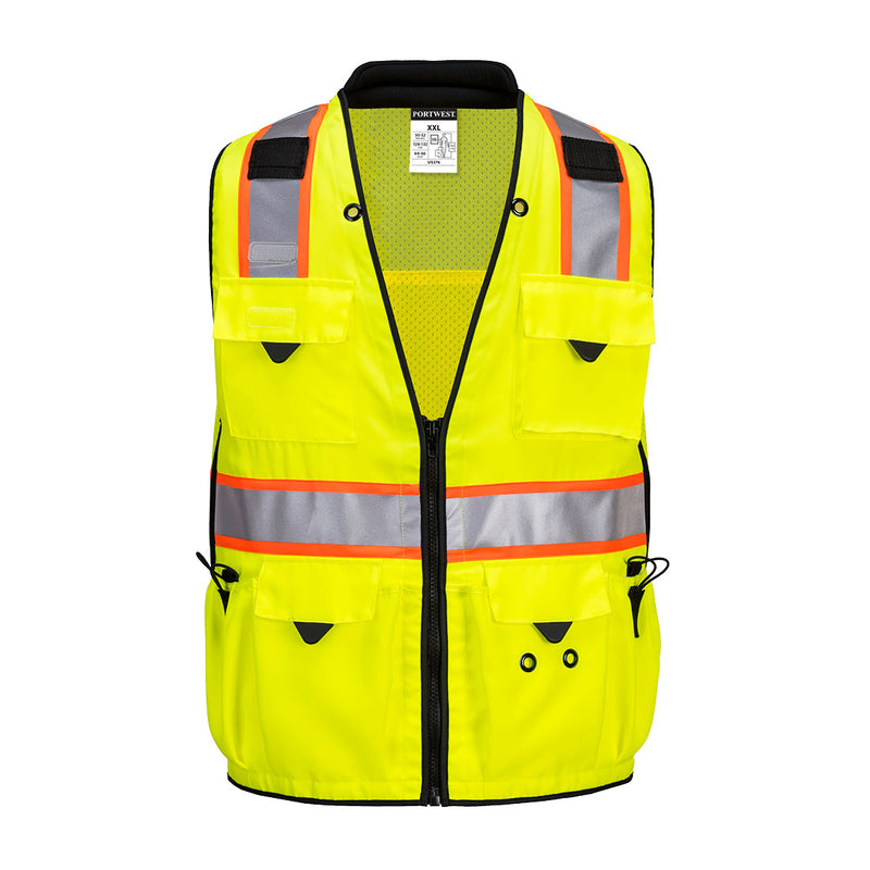 Front view of custom yellow and black Expert Pro surveyor safety vest