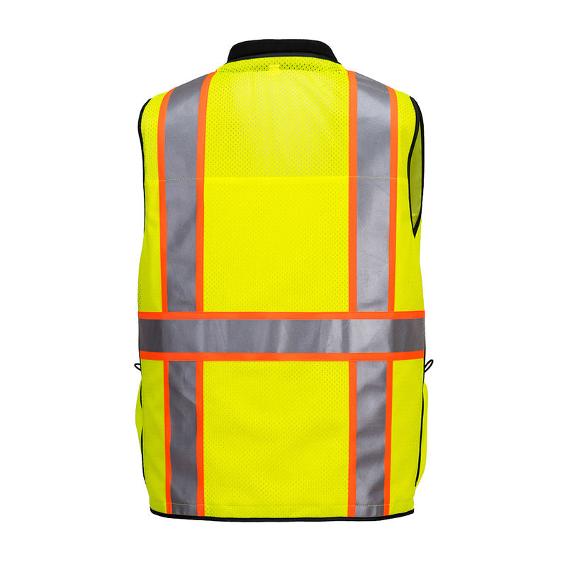 Back view of yellow and black Expert Pro surveyor safety vest with reflective tape