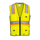 Front view hi-vis yellow and black mesh surveyor vest with reflective tape and zipper front