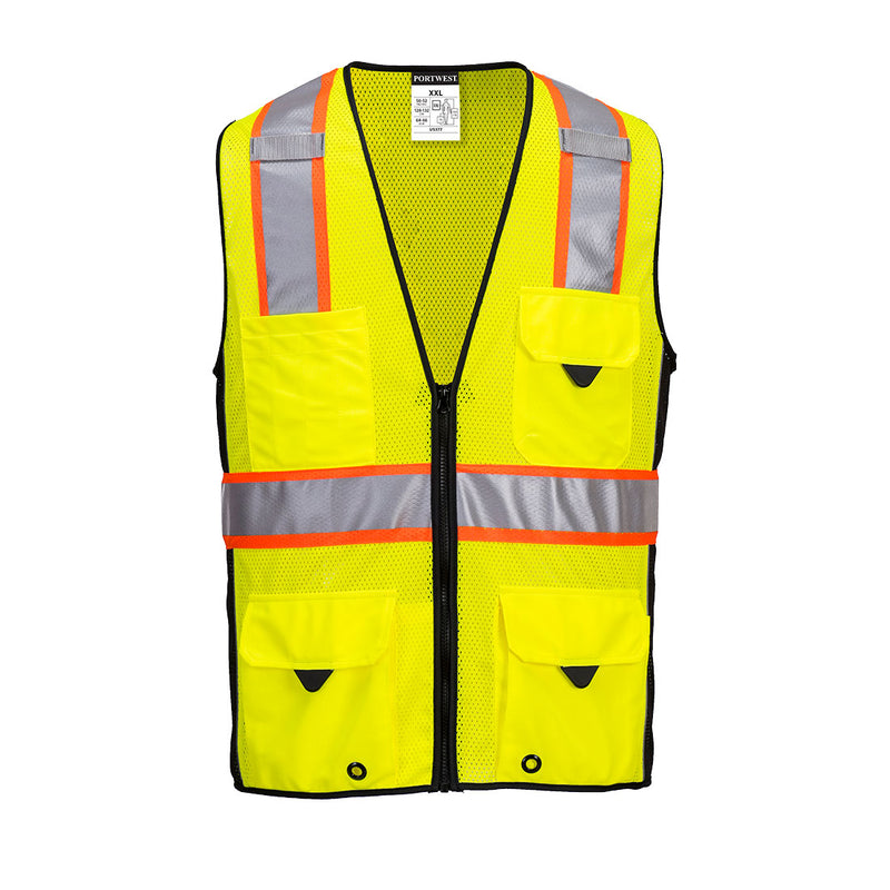 Front view hi-vis yellow and black mesh surveyor vest with reflective tape and zipper front