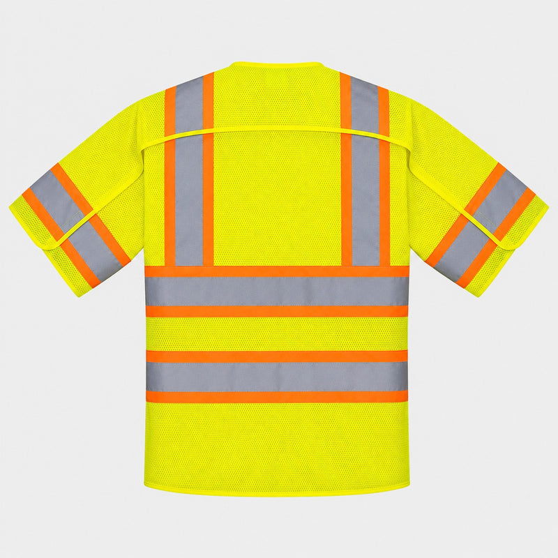 Back view of yellow ANSI Class 3 short-sleeve breakaway mesh safety vest