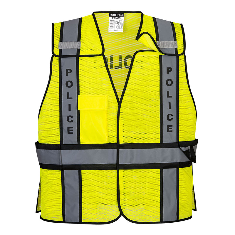 Front view of custom yellow and black police public safety breakaway vest