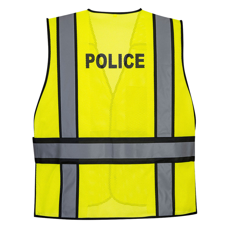 Back view of yellow and black police public safety breakaway vest