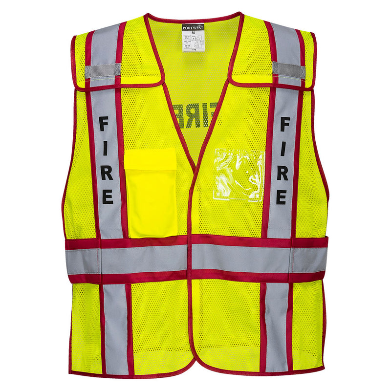 Front view of custom yellow and red fire public safety breakaway vest