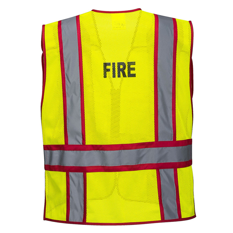 Back view of yellow and red fire public safety breakaway vest