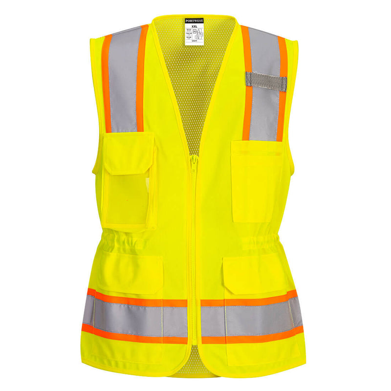 Front view of custom yellow women's executive high-visibility safety vest
