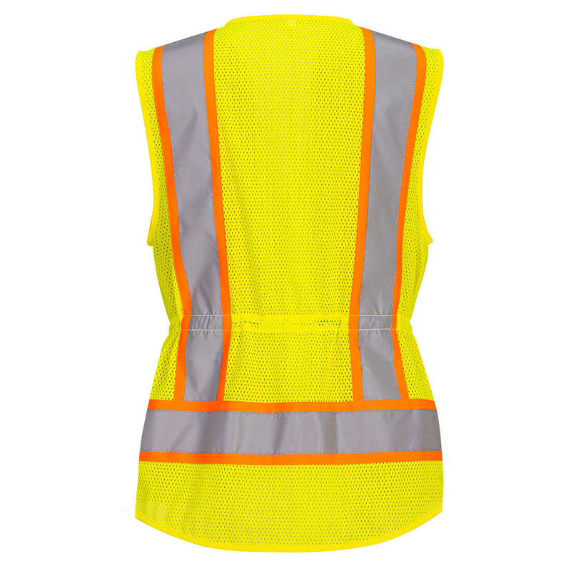 Back view of yellow women's executive safety vest with reflective tape