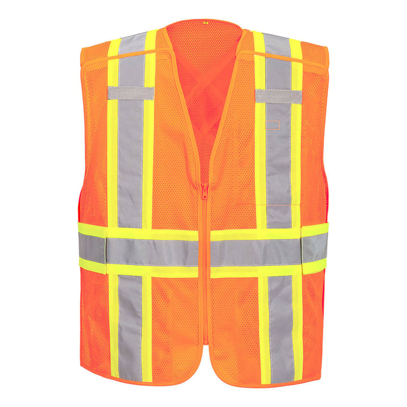 Front view of orange mesh X-back expandable breakaway safety vest