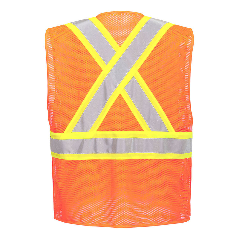 Back view of orange mesh X-back expandable breakaway safety vest