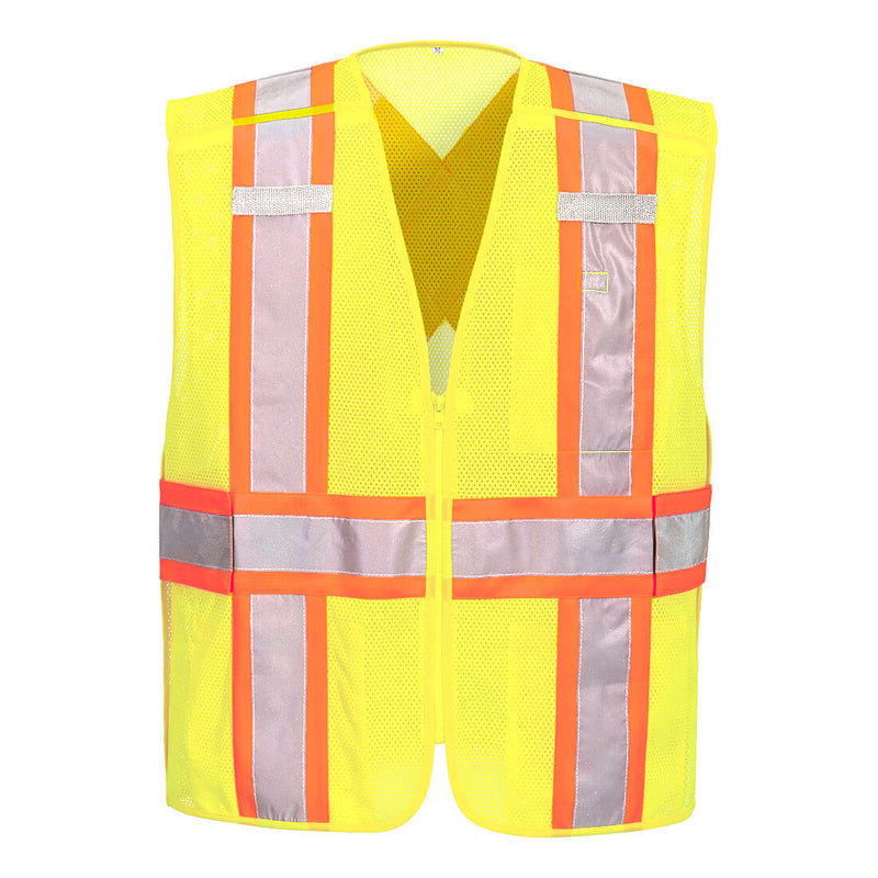 Front view of yellow mesh X-back expandable breakaway safety vest