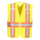 Front view of yellow mesh X-back expandable breakaway safety vest
