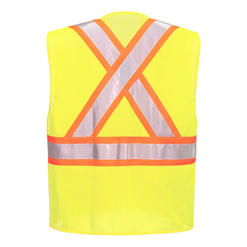 Back view of yellow mesh X-back expandable breakaway safety vest
