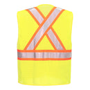 Back view of yellow mesh X-back expandable breakaway safety vest