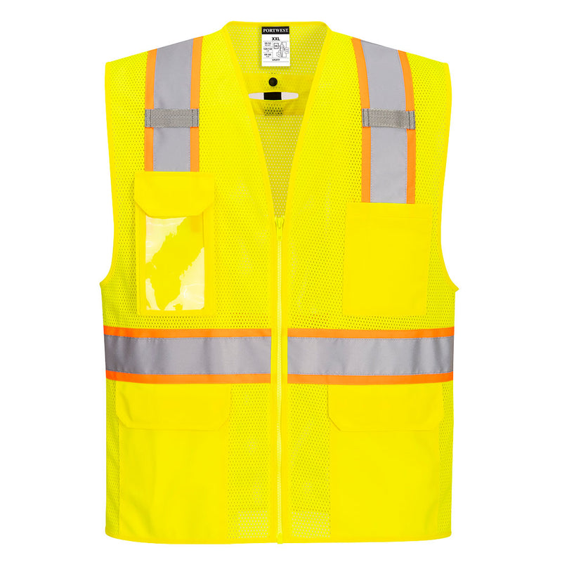 Front view of custom yellow Class 2 mesh safety vest with D-ring access