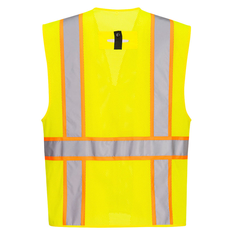 Back view of yellow Class 2 mesh safety vest with D-ring access