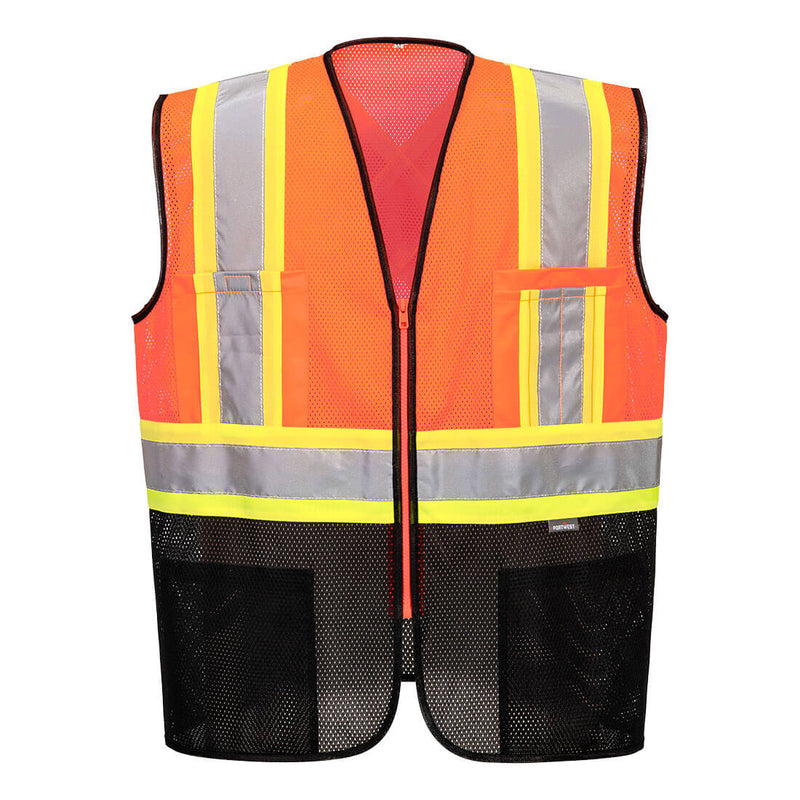 Front view of orange and black X-back executive mesh safety vest