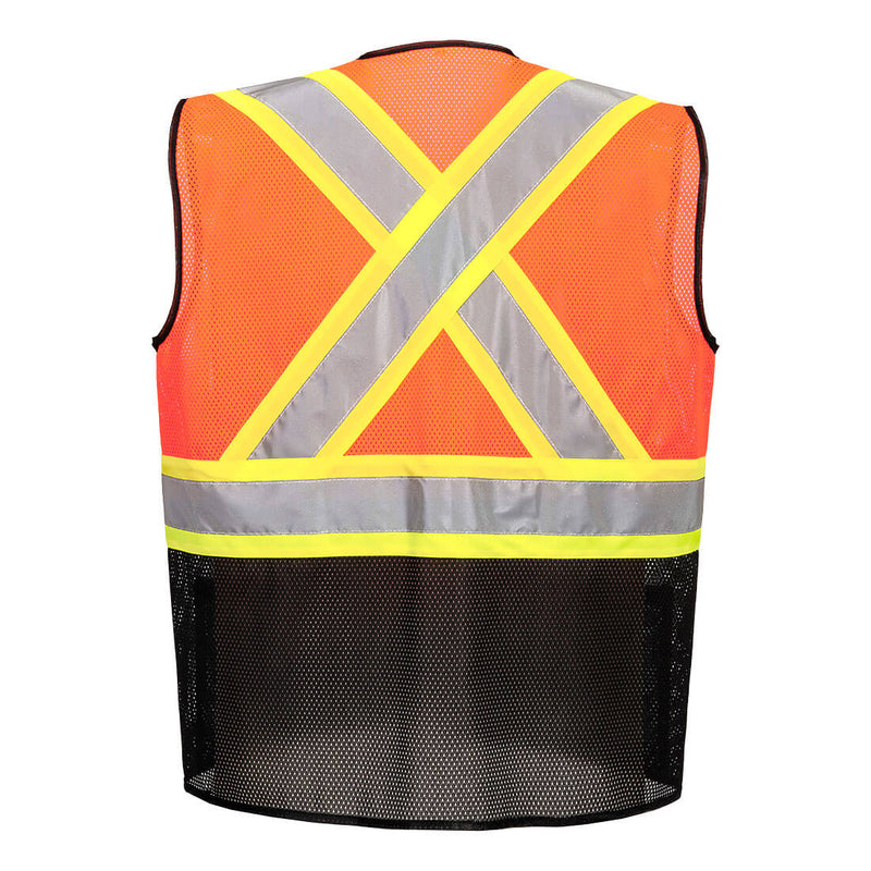 Back view of orange and black X-back executive mesh safety vest