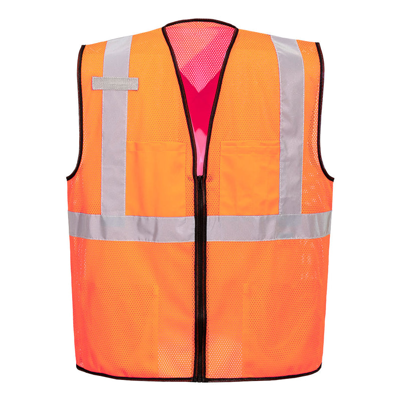 Front view of custom orange X-back ANSI Class 2 mesh safety vest