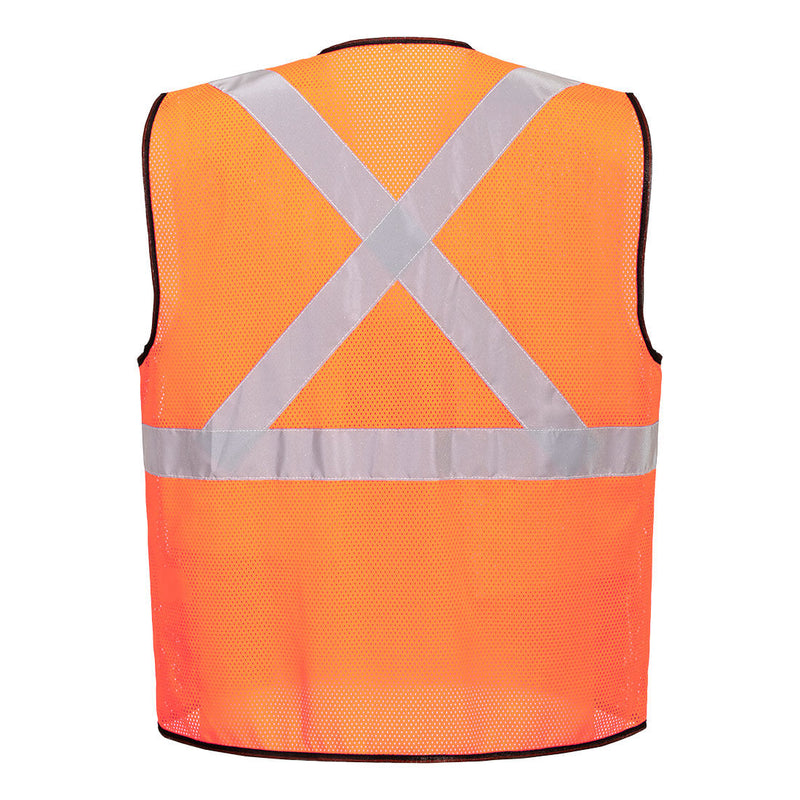 Back view of orange X-back ANSI Class 2 mesh safety vest