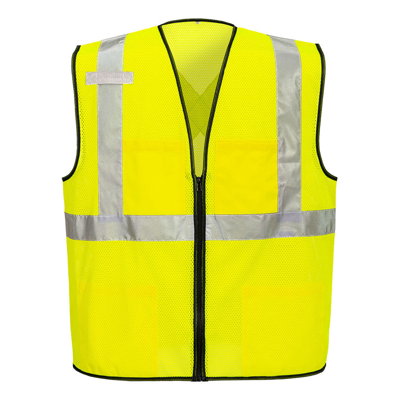 Front view of custom yellow X-back ANSI Class 2 mesh safety vest