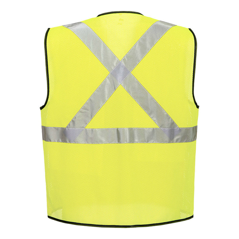 Back view of yellow X-back ANSI Class 2 mesh safety vest